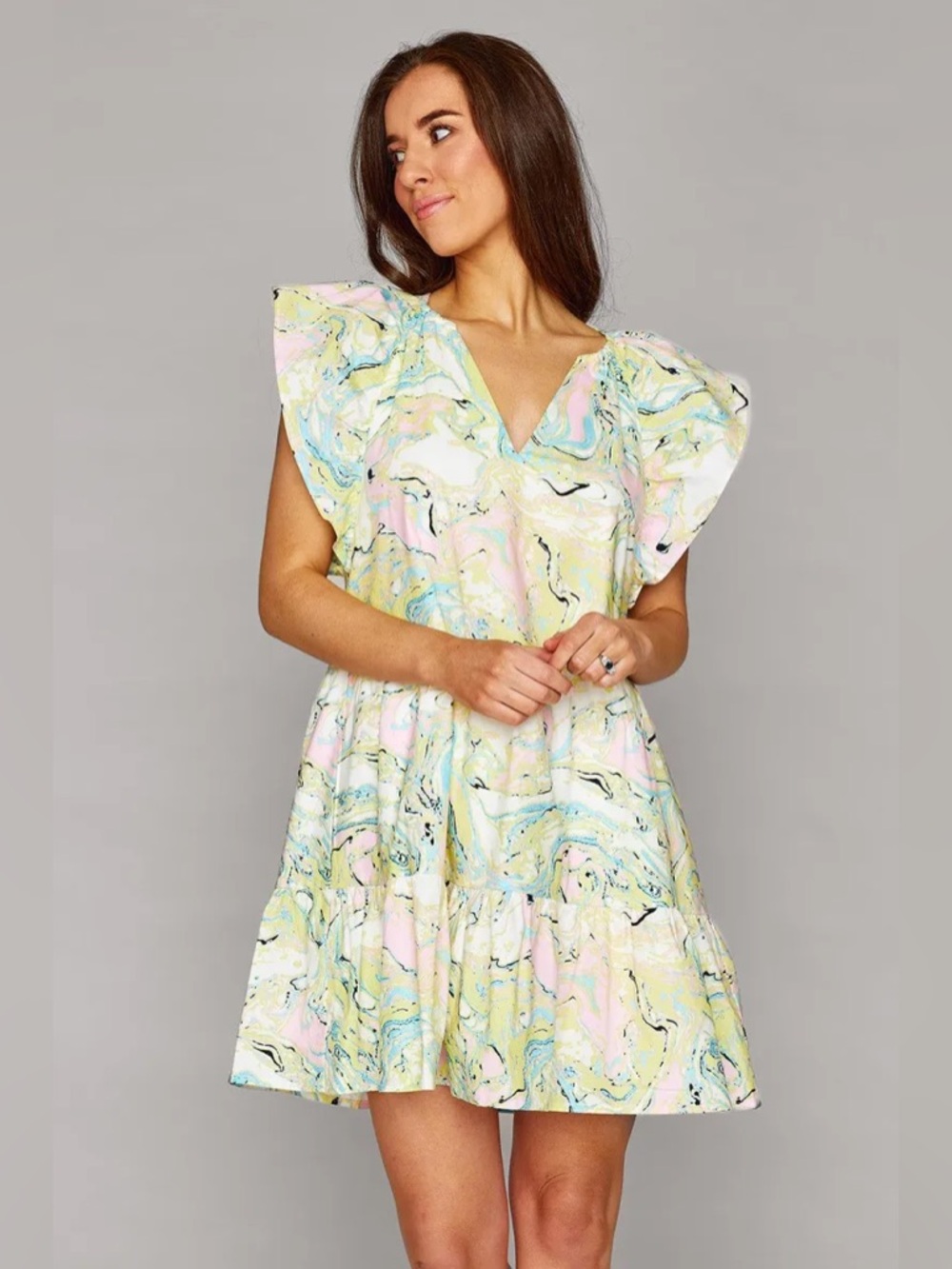 BuddyLove Ronnie Ruffle Sleeve Short Dress - Citron Marble size Small